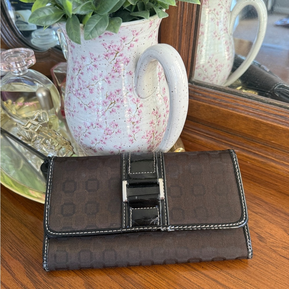 Brown Patterned Wallet Clutch with Buckle Detail
